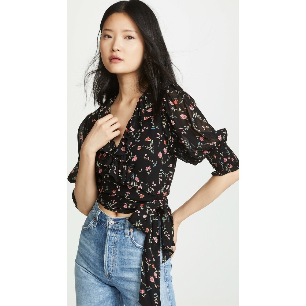 NWT GANNI Floral Print Georgette Wrap Blouse - Black & Pink 🌸 EU 38 (US 6) $160 - Picture 5 of 16